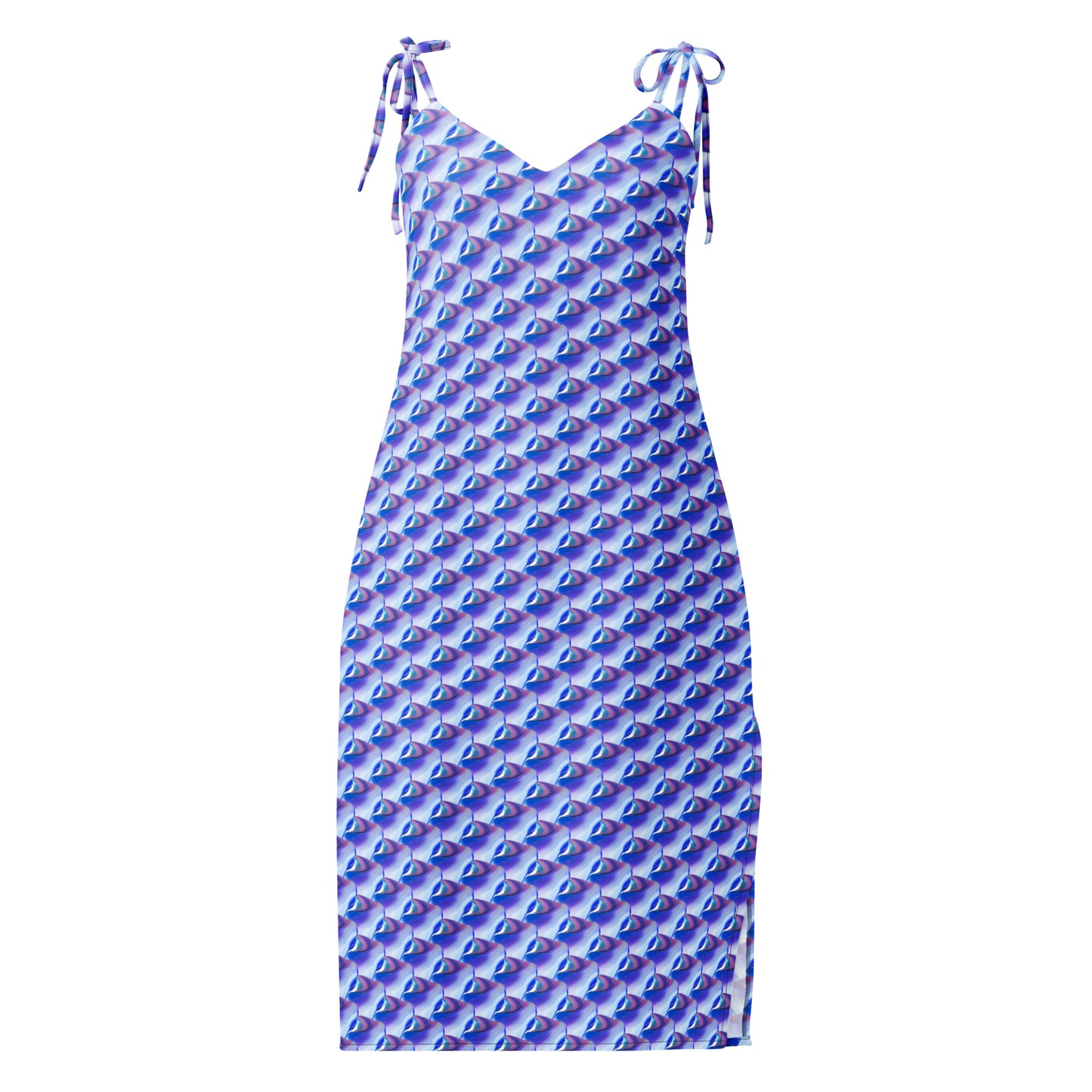 Vestido Midi VOOM — The Liquid Pattern en gasa con estampado geométrico azul, corte largo midi y tirantes para atar.