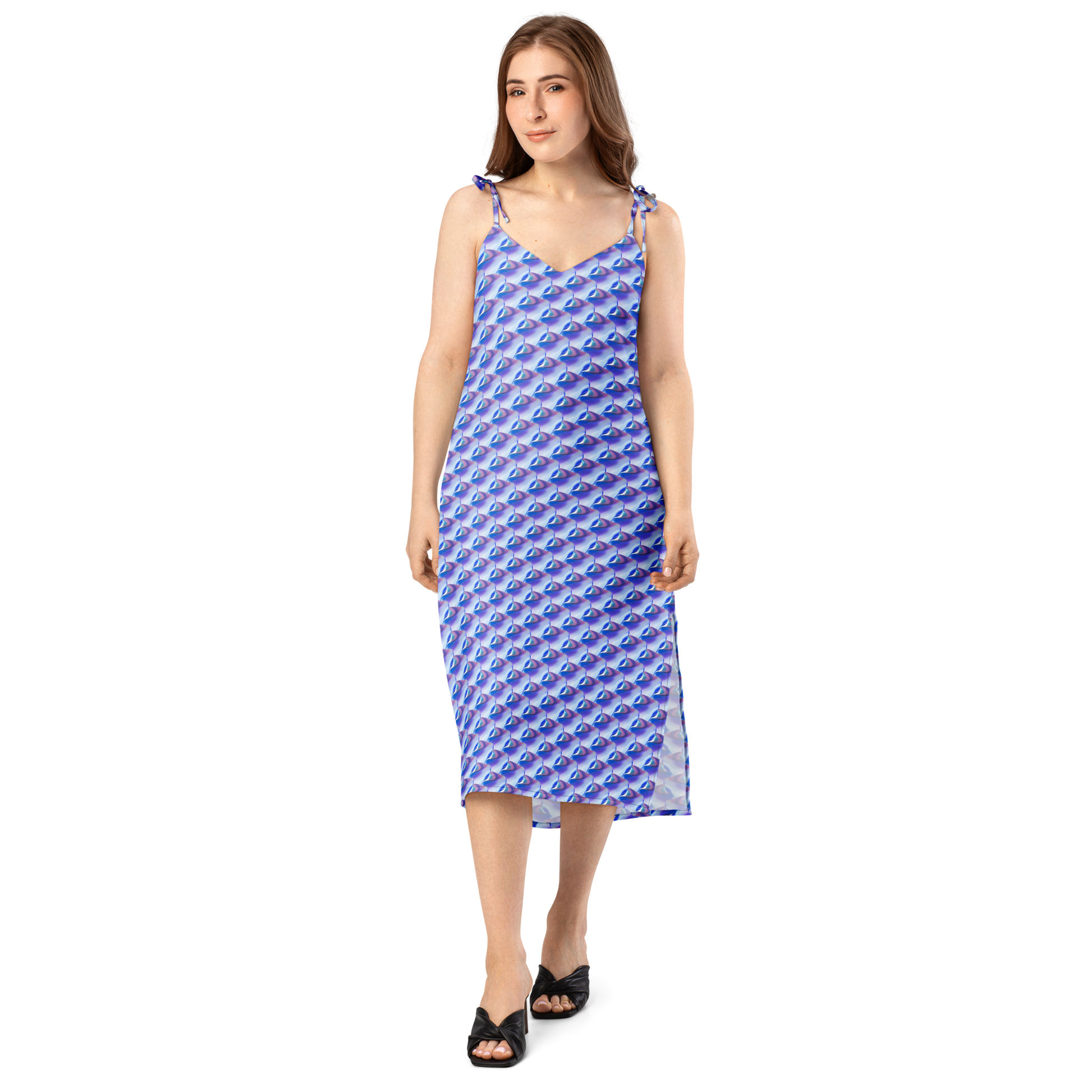 Vestido Midi VOOM — The Liquid Pattern en gasa con patrón azul y corte midi fluido con tirantes ajustables y escote en V