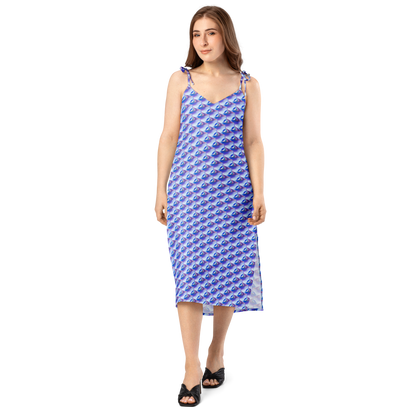 Vestido Midi VOOM — The Liquid Pattern en gasa con patrón azul y corte midi fluido con tirantes ajustables y escote en V