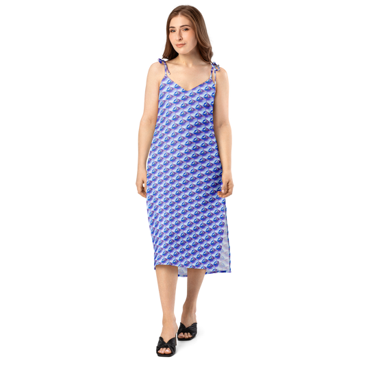 Vestido Midi VOOM — The Liquid Pattern en gasa con patrón azul y corte midi fluido con tirantes ajustables y escote en V