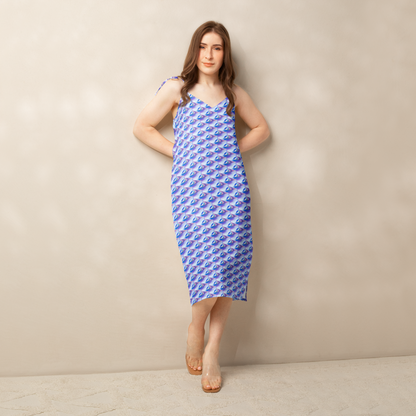 Vestido Midi VOOM — The Liquid Pattern en gasa con estampado azul, tirantes ajustables y corte fluido largo midi.