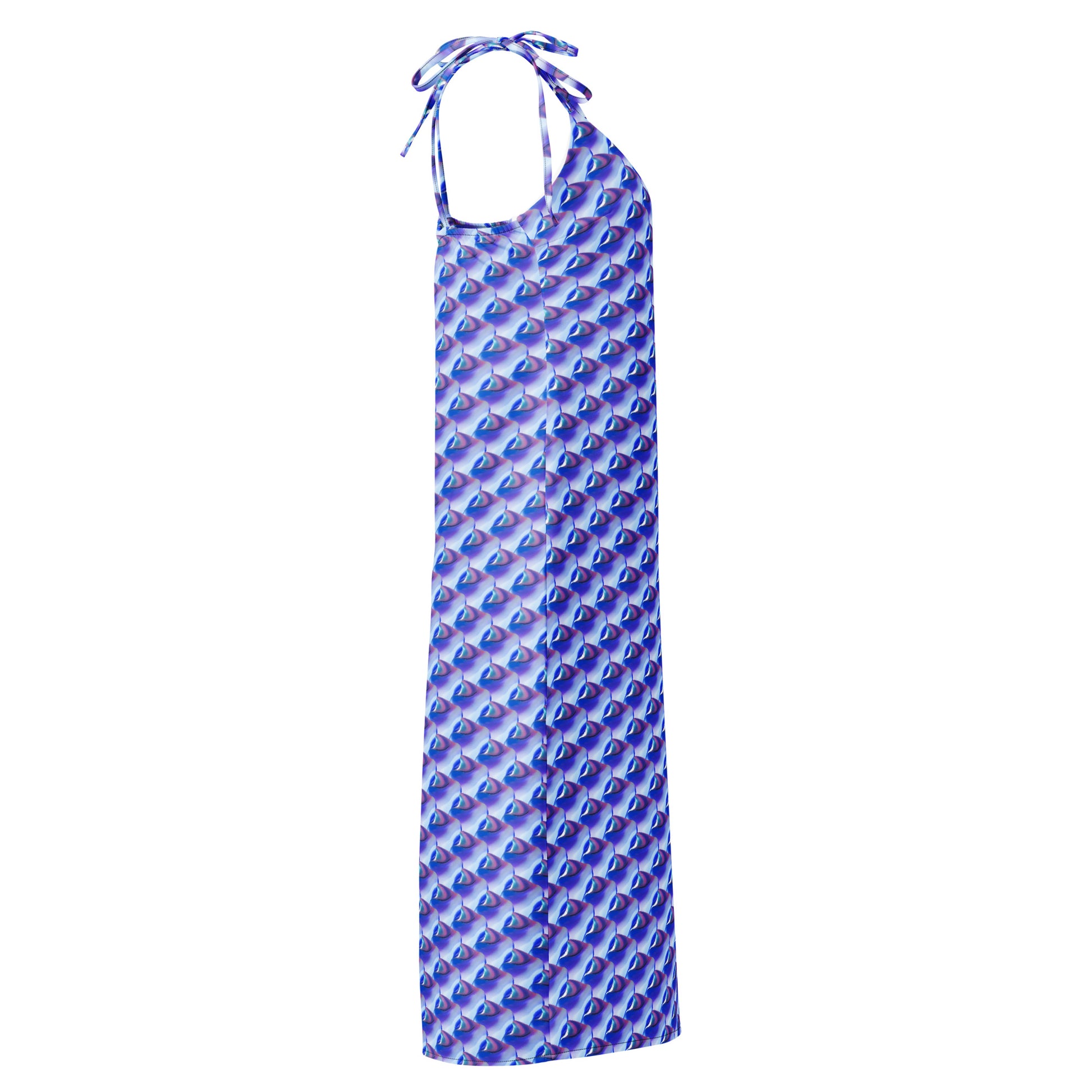 Vestido Midi VOOM — The Liquid Pattern con diseño líquido azul, tirantes para atar y silueta larga y fluida