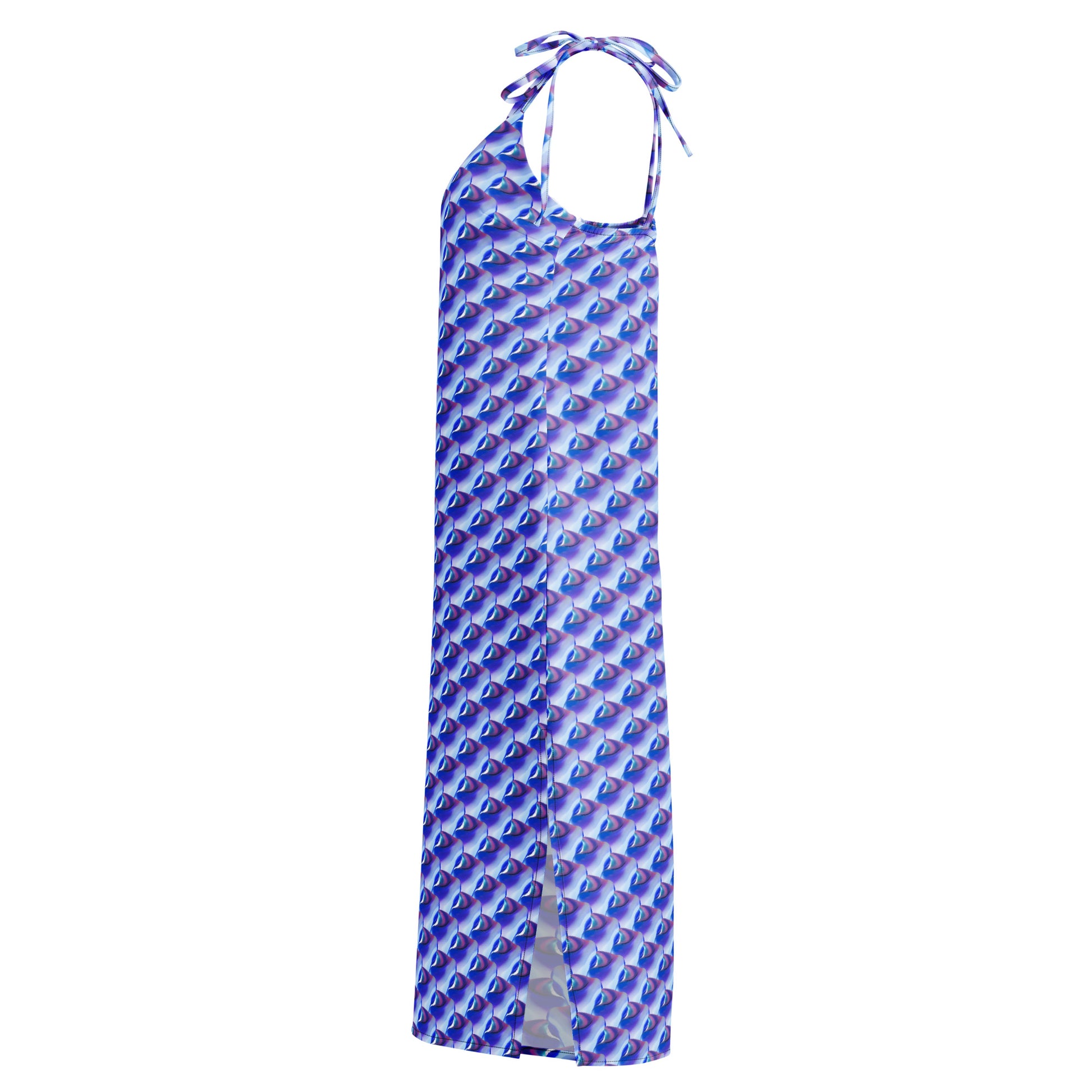 Vestido Midi VOOM — The Liquid Pattern con estampado azul y morado, tirantes para atar y corte largo con abertura lateral