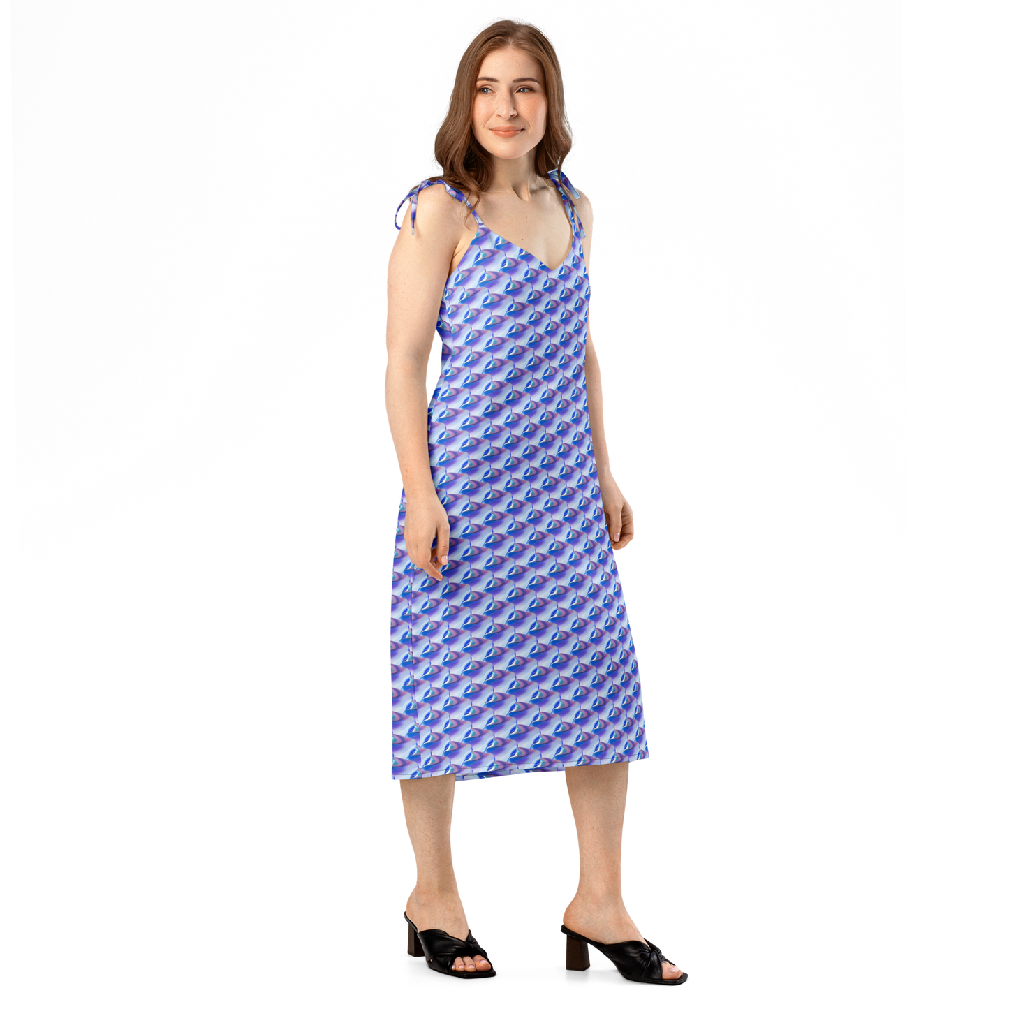 Vestido Midi VOOM — The Liquid Pattern con estampado líquido azul y corte fluido, escote en V y tirantes ajustables