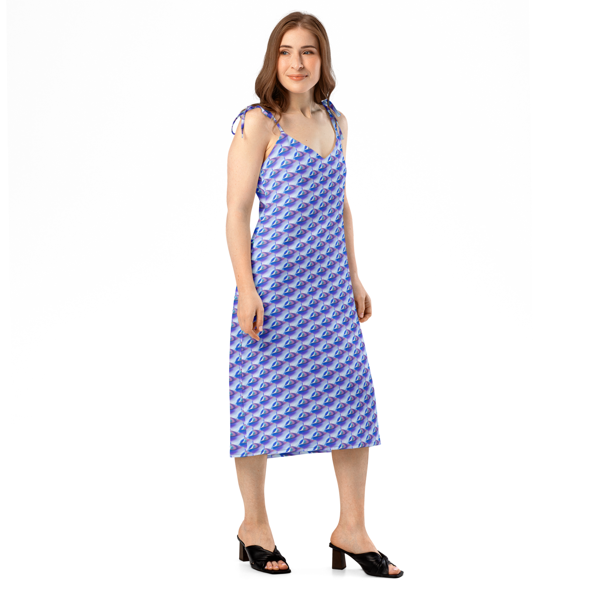 Vestido Midi VOOM — The Liquid Pattern con estampado líquido azul y corte fluido, escote en V y tirantes ajustables