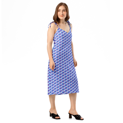 Vestido Midi VOOM — The Liquid Pattern con estampado líquido azul y corte fluido, escote en V y tirantes ajustables
