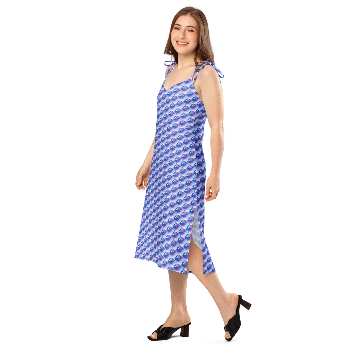 Vestido Midi VOOM — The Liquid Pattern con estampado azul y morado, tirantes atados y corte fluido midi con aberturas laterales.